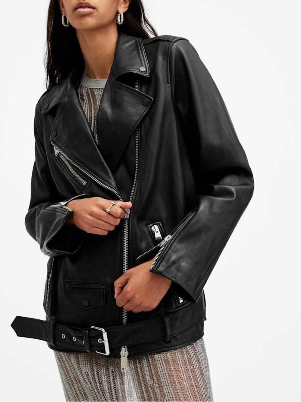 All Saints Oversized Billie Biker Black Leather Moto Jacket Womens Size M